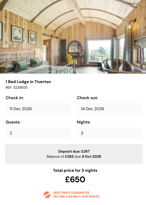 1 Bed Lodge in Tiverton, Devon Dec26